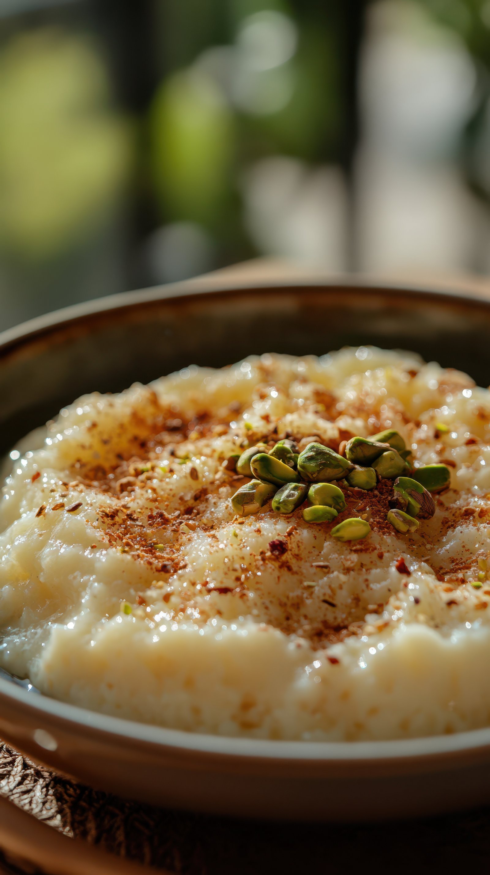 Creamy rice pudding with pistachios topped with cinnamon on a wooden table in soft morning light